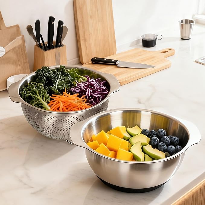 304 Stainless Steel Colander, 5 QT Large Capacity and 5QT Mixing Bowl, 2mm Micropore Strainer for Washing Rice, Fruit, and Veggies, Perfect Draining for Cooked Pasta