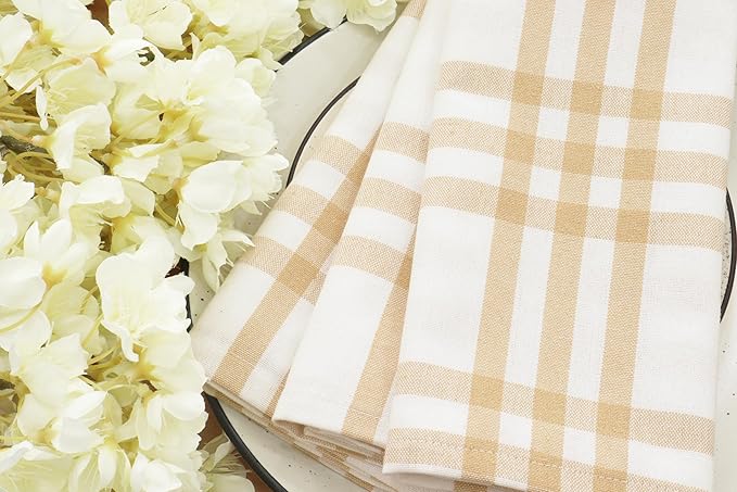 PurpleEssences Homestead Plaid Cloth Napkins - Mitered Corners - Spring Easter Summer - Check Dinner Napkin - Set of 12-100% Cotton - 18x18 Inch - Reusable Washable - Beige and White