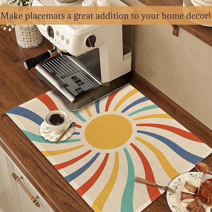 Vintage Sun Retro Swirl Placemats Set of 6 Place Mats for Kitchen Table Washable Farmhouse Linen Table Mats Dining Decoration 12x18 Inch