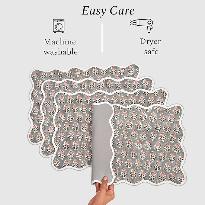 CPC Cotton Placemats Labra Grey Set of 4-Hand Block Printed Reversible Placemats, Flower Scalloped & Embroidered Cloth Table Mats - 14 x 20 inch Gift for Spring, Mother's Day