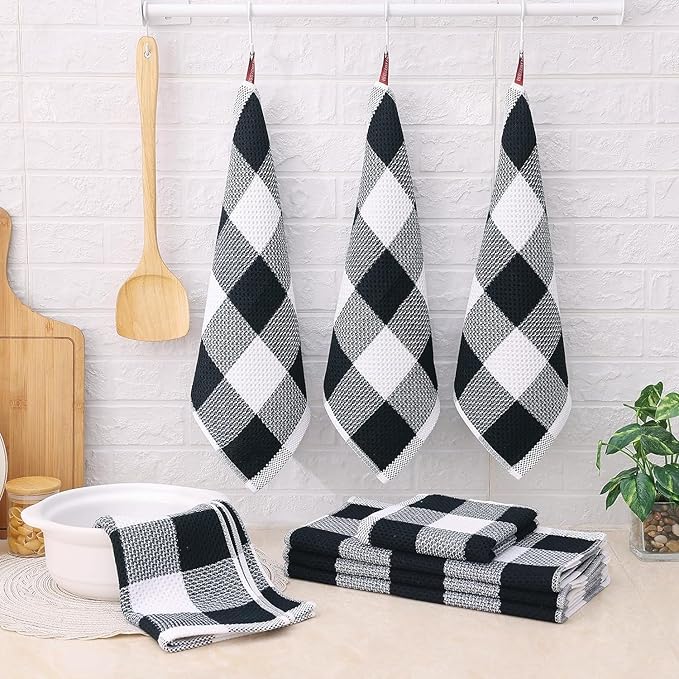 Homaxy Kitchen Towels and Dishcloths Set, 12 x 12 and 13 x 28 Inches, Set of 12 100% Cotton Waffle Weave Check Plaid Kitchen Dish Towels, Super Soft and Absorbent Dish Cloths, White & Black