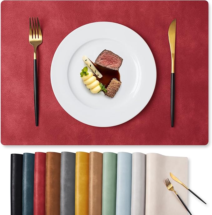 MOSAYT Vinyl Placemats Set of 8-12 X 17 Inch - Faux Leather 100% Waterproof Oil-Proof Wipeable PU Place Mats, Heat Resistant Reversible Table Mats for Kitchen, Dining, Outdoor (Red)