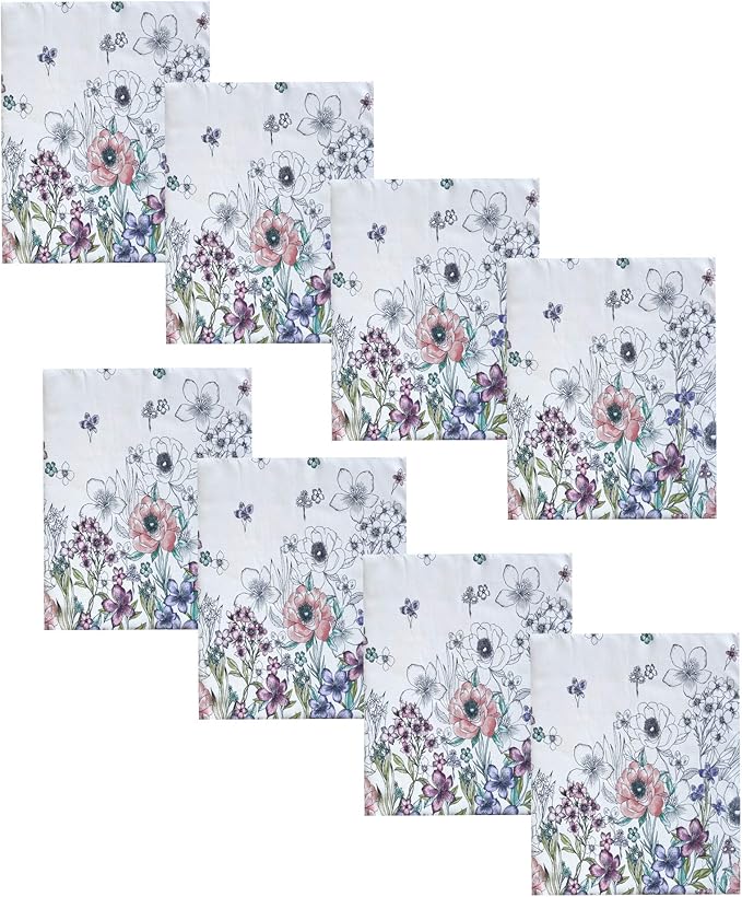 Newbridge Garden Breeze Square Fabric Napkins, Set of 8 Napkins, Easy Care and Stain Resistant Fabric Napkins for Holiday Party Dining, Sweet Pastel Spring Floral