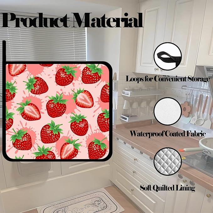 Cute Pink Cartoon Strawberry Pot Holders 2 PCS,Kitchen Heat Resistant Hot Pads for Cooking Grilling Baking BBQ, Pot Holders for Women Cook Home Microwave