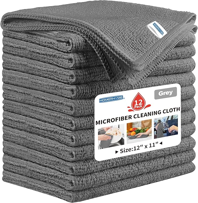 Microfiber Cleaning Cloth, 12 Pack Grey Cleaning Rags,12" X 11" Lint Free Dish Towels Wash Cloths, Reusable Microfiber Towels for Home and Kitchen Bathroom Apartment Cleaning Supplies