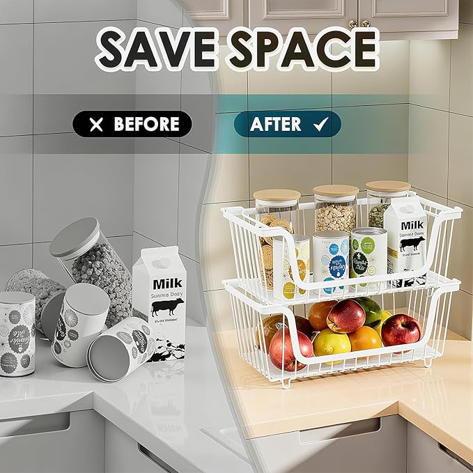 GAOKASE 6 Pcs Stackable Wire Baskets for Pantry Organizers and Storage,Vegetable Fruit Basket for Countertop,Kitchen Storage Metal Baskets,Produce Potato Onion Storage Bin,White