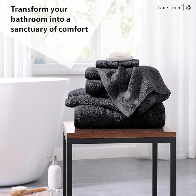 LANE LINEN 100% Cotton Towel Set for Bathroom - 6 Piece - Super Soft, Hotel Quality - 2 Bath, 2 Wash cloths, 2 Hand Towels for Bathroom - Classic, Gentle on Skin, Ideal for Spa & Daily Use - Black