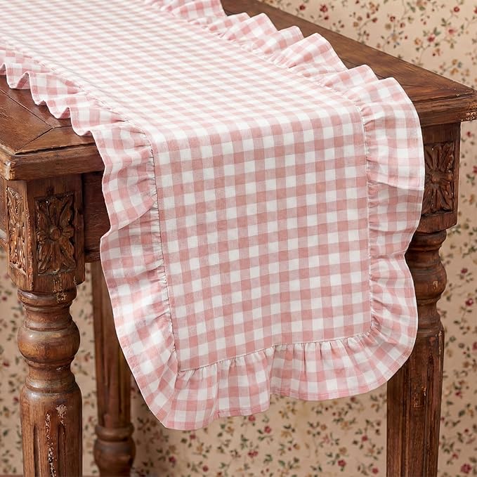 HunnmingRe 1 Pcs Light Pink Plaid Gingham Ruffle Table Runner 72 x 13.8'' Farmhouse Easter Table Runner 100% Cotton Scalloped Long Dresser Scarves for Dining Room, Wedding, Kitchen Rustic Home Decor