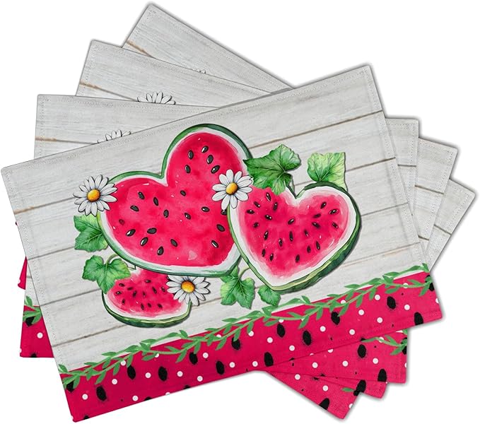 Watermelon Placemat for Table Dining Set of 4，Tropical Fruit Heat Resistant Washable Table Mats,White Daisy Table Dining Mat for Seasonal Party Kitchen Decor