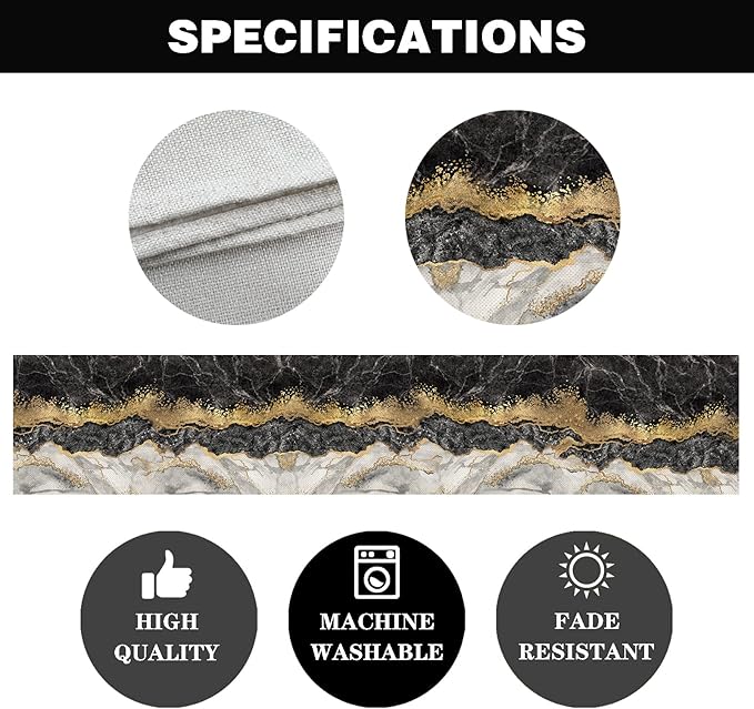 Marble Table Runner 72 Inches Long, Ink Golden Marble Texture Table Runner Dresser Scarves, Rustic Burlap Dining Room Table Decor for Kitchen Wedding Farmhouse Indoor Outdoor Home Party