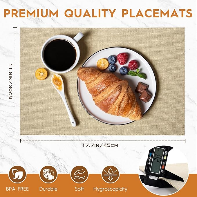 Placemats Set of 6 Linen Type Fabric Cloth Placemats, 18x12 Inch Double Layered Thick Wrinkle Free Heat Resistant Table Place, for Dining, Kitchen, Party (45 * 30cm, Beige)