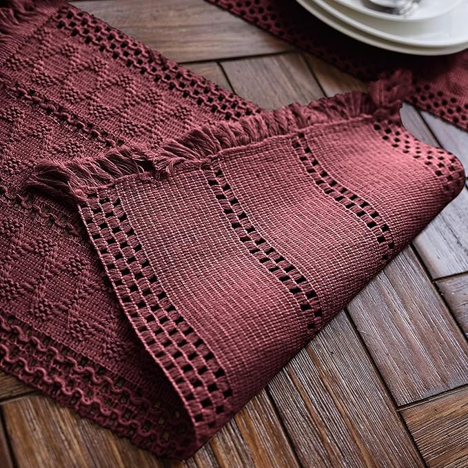 Alynsehom Macrame Table Runner Burgundy Boho Table Runners with Tassels Hand Woven Cotton Table Runner Rustic Farmhouse Table Runners for Bohemian Kitchen Dining Table(12x48in)