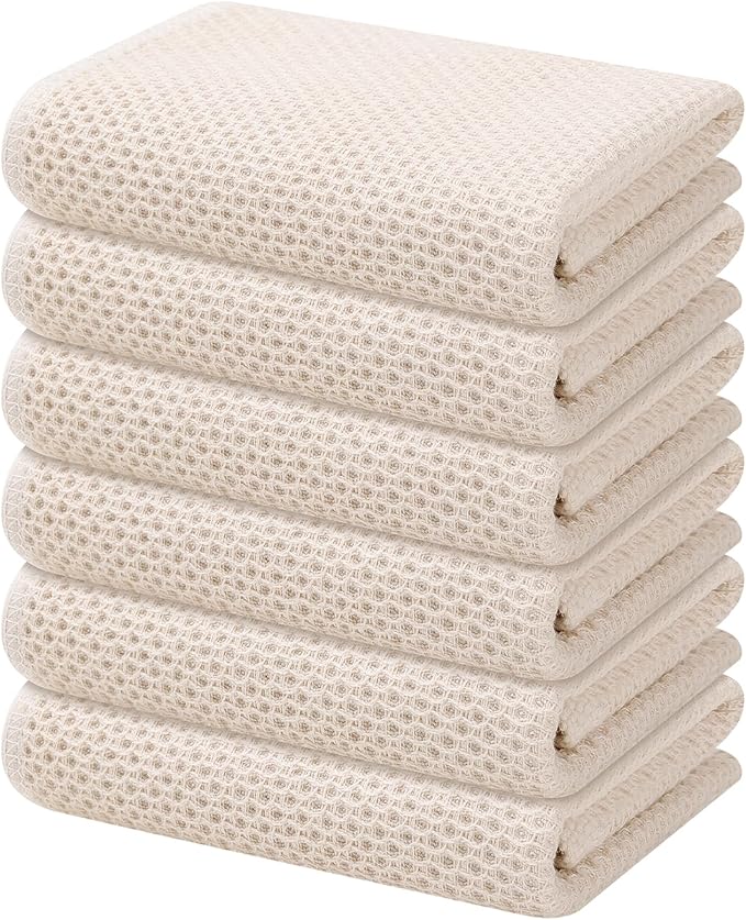 Kitinjoy 100% Cotton Waffle Weave Kitchen Hand Towels (13 X 28 Inches, Beige), 6-Pack Super Soft and Absorbent Dish Towel for Drying Dishes