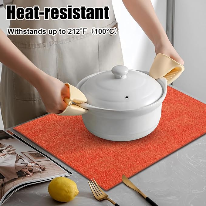 Homaxy Faux Leather Heat Resistant Placemats for Dining Table Set of 4, Waterproof Wipeable Washable PU Table Mats, Easy to Clean Anti-Slip Place Mats, 11.8" x 17", Orange