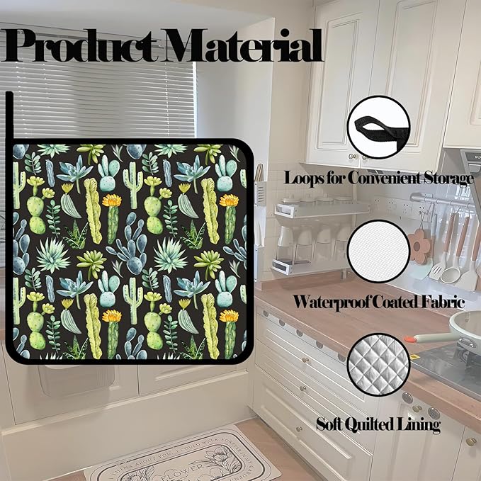 Watercolor Cactus Flower Pot Holders Set of 2,Desert Plants Kitchen Heat Resistant Potholder for Microwave Cooking Baking Oven and BBQ