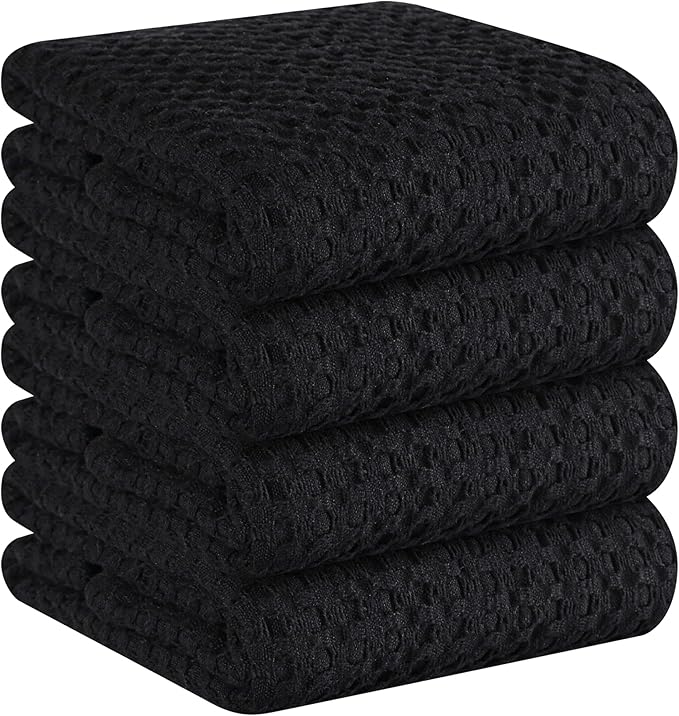 Native Fab Set of 4 Premium Waffle Dish Towels 16x26 inches - Soft Absorbent - 100% Cotton Kitchen Towels for Quick Drying Dishes, Reusable Cleaning Cloths, Black