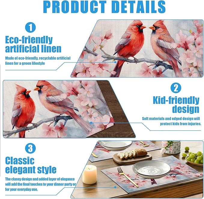 Red Cardinal Pink Cherry Blossom Placemats Set of 6, Spring Bird Branches Washable Linen Place Mat Heat Resistant Non Slip Kitchen Dining Table Mats 12x18 Inch