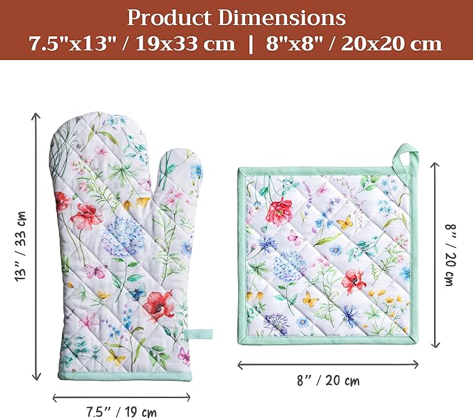 Maison d' Hermine 100% Cotton Oven Mitt & Pot Holder Set (7.5"x13" & 8"x8") Heat Resistant BBQ Cooking Gloves with Loop Baking Grilling Kitchen Gifts for Mothers Day Spring/Summer (Just Floral)