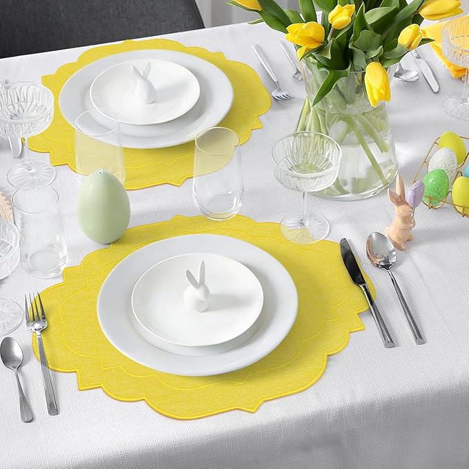 Cotton Linen Oval Placemats Set of 4, HADEEONG Table Mats Cloth Placemats, Washable Wrinkle Resistance, Scalloped & Embroidered Fabric Placemats, 17.71 x 13.77inch (Yellow, 4)
