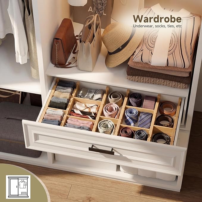 Bamboo Drawer Dividers, Expandable Kitchen Drawer Organizer, Include 8 Dividers, 8 Small Inserts and 8 Medium Inserts for Home, Office, Dressers (Short-8 Dividers)