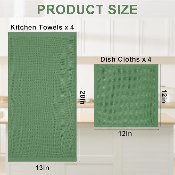 Homaxy 100% Cotton Kitchen Towels and Dishcloths Set - 8 Pack Waffle Weave Soft and Absorbent Dish Towels - 26 X 16 Inch and 12 X 12 Inch - Grass Green