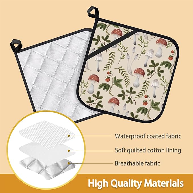 Vintage Mushroom Strawberry Pot Holder Set of 2,Heat Resistant Potholders Oven Hot Pads for Kitchen Cooking Baking BBQ