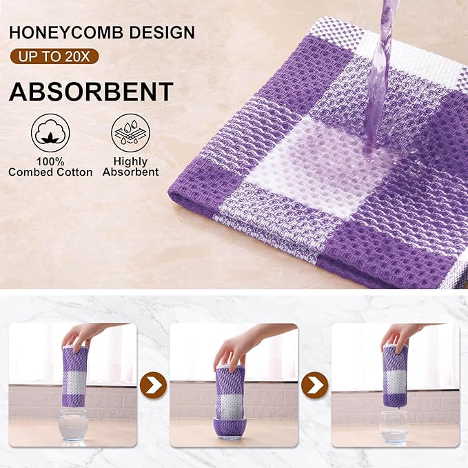 Mordimy 100% Cotton Waffle Weave Kitchen Towels, 13 x 28 Inches, Super Soft and Absorbent Buffalo Check Dish Towels for Drying Dishes, 4-Pack, White & Purple