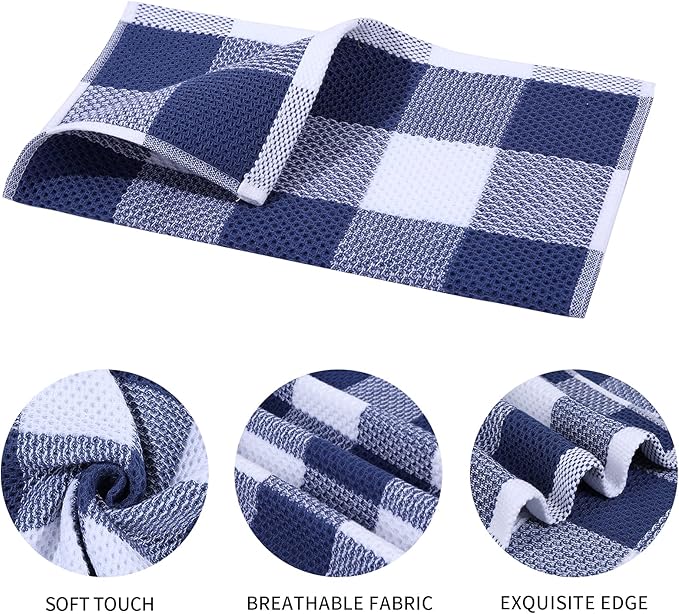 Mordimy 100% Cotton Waffle Weave Kitchen Towels, 13 x 28 Inches, Super Soft and Absorbent Buffalo Check Dish Towels for Drying Dishes, 4-Pack, White & Navy Blue