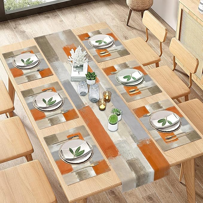 Emvency Farmhouse Table Runner and Placemats Set of 6, Cotton-Linen Modern Orange and White Painting Art Dining Table Decor for Daily Use(1 Table Runner 72 inches Long and 6 Placemats)
