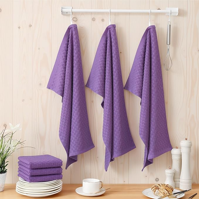 Homaxy 100% Cotton Terry Kitchen Towels(15" x 25", 6 Pack), Soft and Super Absorbent Dish Towels, 380 GSM Reusable Tea Towel with Hanging Loop, Pineapple Grid Designed, Purple