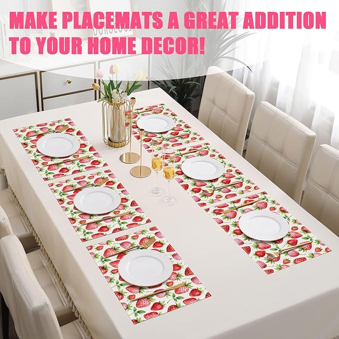 Spring Summer Strawberry Placemats Set of 6,12x18 Inch Sweet Fruit Linen Place Mat Washable Stain Resistant Table Mats for Seasonal Farmhouse Kitchen Party Home Decor
