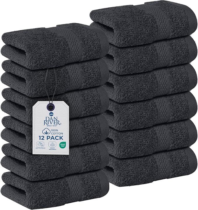 DAN RIVER 12-Pack Premium 100% Cotton Dark Gray Face Towels for Bathroom - Reusable Face Wash Cloths for Showering 12x12 Inches - 550 GSM Super Soft & Absorbent Luxury WashCloths for Body, Spa & Gym