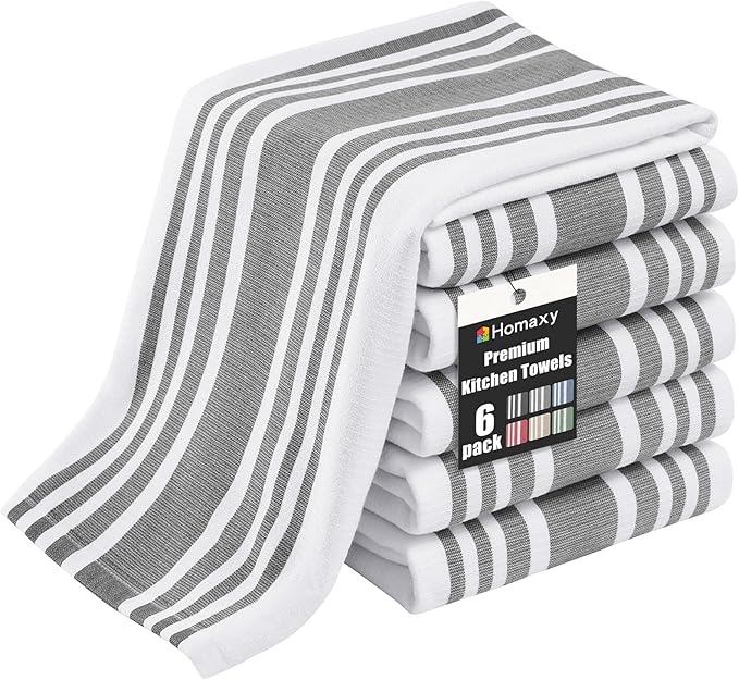 Homaxy Premium Kitchen Towels 18”x 28”, Large Cotton 380 GSM Kitchen Hand Towels, Stripe and Terry Dish Towel, Highly Absorbent Tea Towel Set with Hanging Loop, 6 Pack, Grey
