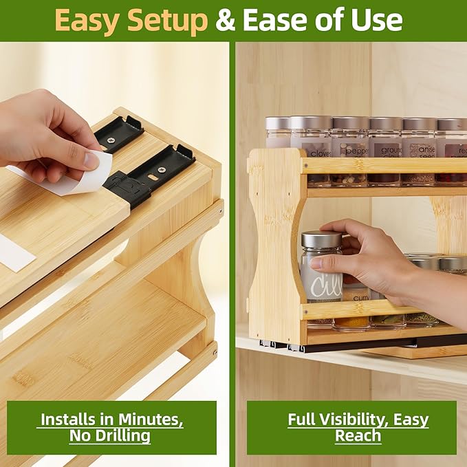 BAMEOS Pull Out Spice Rack Organizer for Cabinet, Bamboo Wide 4.2" Slide Out Seasoning Organizer for Kitchen, No Drill Anti-Tip Ball Bearing Silent Glides, Pantry Cabinet Organizer,Natural