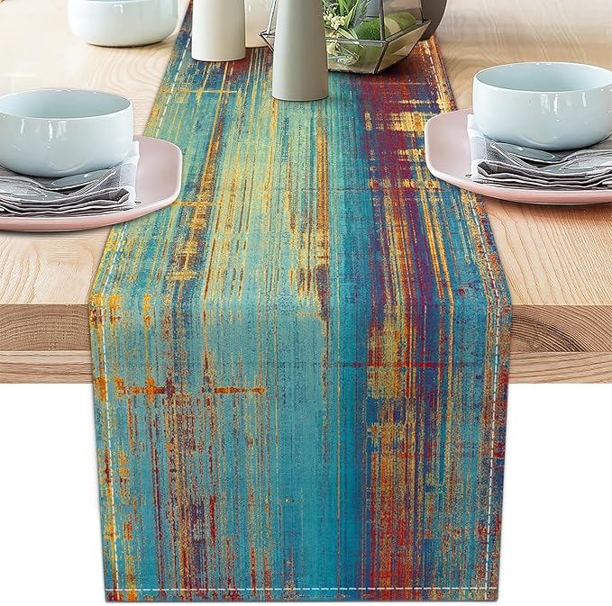 Small Table Runner Vintage Abstract Blue and Orange Table Runner Messy Rust Painting Farmhouse Coffee Table Runners for Kitchen Dining Table Home Decor 36"
