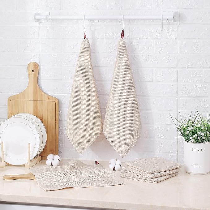 Kitinjoy 100% Cotton Kitchen Dish Cloths (12 X 12 Inches, Beige), 6-Pack Waffle Weave Dish Towels for Drying Dishes Super Soft Absorbent Quick Drying Dish Rags