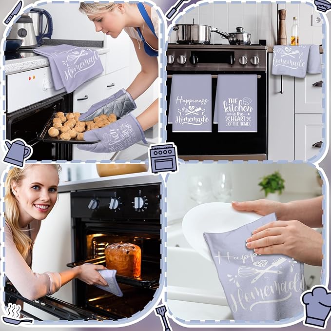 Sratte 6 Pcs Kitchen Decor Accessories Set Farmhouse Towels Pot Holders Oven Mitts Set 2 Dish Towels 2 Potholders 2 Cooking Mittens Oven Glove for Christmas Baking Cooking(Dreamy Purple,Kitchen)