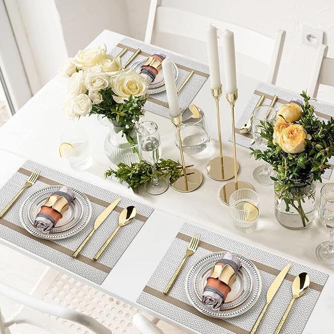 SLKQG Beige White Placemats Set of 8 - Easy Clean Modern Durable Washable Vinyl Place Mats - Heat Resistant Placemats for Kitchen Table - PVC Table Mats for Dining Table (Beige White with Stripes, 8)