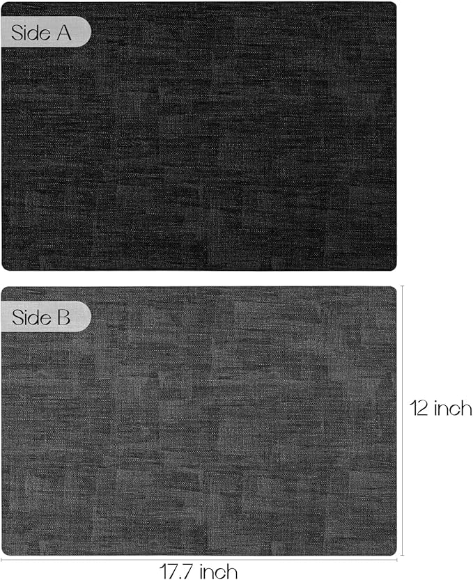 Romanstile Vinyl Placemats Set of 8-12x17 Inch, Reversible Waterproof Washable Non Slip Table Mats, Faux Leather Heat Resistant Wipeable Table Placemats for Dining/Party/Indoor/Outdoor, Grey-Black