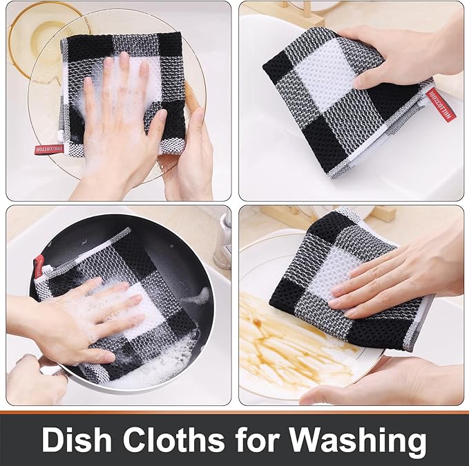 Mordimy Kitchen Towels and Dish Cloths Set, 28 X 13 Inch and 12 X 12 Inch, Set of 8 Soft and Super Absorbent Dish Towels for Drying Dishes, Black & White