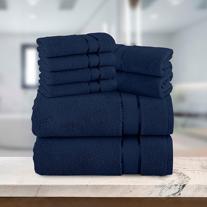 Elegant Comfort Premium Cotton 8-Piece Towel Set, Includes 4 Washcloths, 2 Hand Towels and 2 Bath Towels, 100% Turkish Cotton - Highly Absorbent and Super Soft Towels for Bathroom, Navy