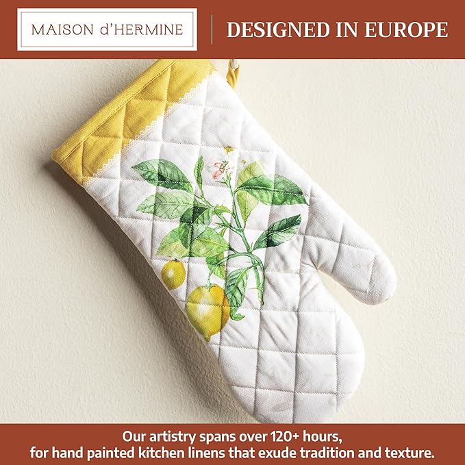 Maison d'Hermine Oven Gloves 100% Cotton Oven Mitt 7" x 13" with Loop Heat Resistant BBQ Cooking Gloves Baking Grilling Gifts for Mothers Day Spring/Summer (Pack of 1, Limoncello)