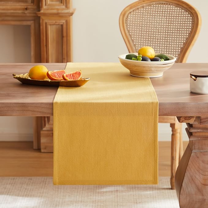 ZeeMart Rustic Cotton Linen Table Runner, 13x60 Inches Yellow, Farmhouse Style Yellow Table Runners 60 Inches Long, Washable Kitchen Dining Table Decoration for Home Party Decor