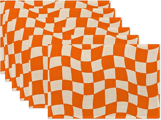 Abstract Orange Plaid Placemats Set of 6,Washable Kitchen Dining Linen Table Mats for Home Party Dinner Indoor Outdoor 12x18Inch