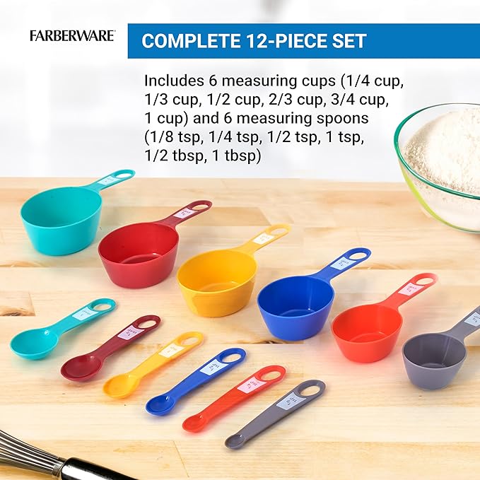 Farberware 12-Piece Measuring Cup and Spoon Set – Color-Coded Kitchen Measuring Tools with Easy-Read Markings, Nesting Design for Compact Storage, Dishwasher Safe
