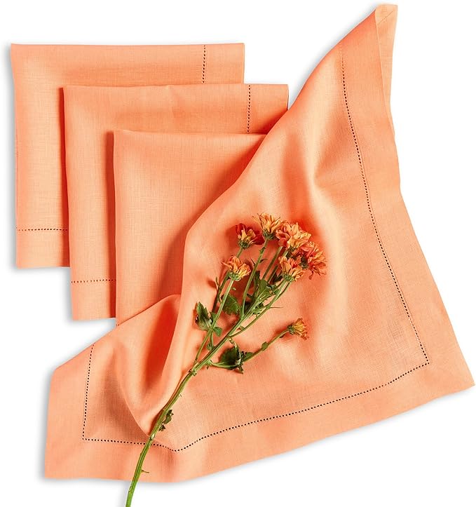 Solino Home Linen Cloth Napkins Set of 4-100% Pure Linen Coral Dinner Napkins 20 x 20 Inch for Mothers Day, Spring, Summer - Classic Hemstitch, Handcrafted and Machine Washable