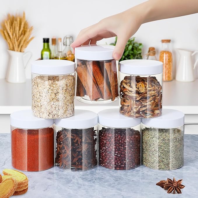 Plastic Jars with Lids, 16 oz Plastic Containers with Lids Clear Airtight Container Storage Jar Mason Jars for Dry Food Peanut Butter Honey Jam Cosmetics, Pack of 16 (16 PCS White Lids)