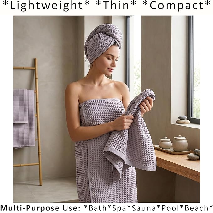 PÜSKÜL Natural 100% Turkish Cotton Waffle Bath Towels Set of 2-Piece | 32x63 inch Extra Large Absorbent Quick-Dry Lightweight Spa Towel | Luxury Sauna Accessories (Gray, Bath Towels - Pack of 2)