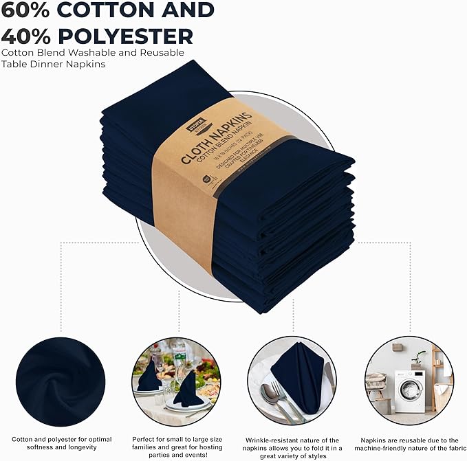 Utopia Kitchen Navy Blue Cloth Napkins [12 Pack, 18x18 Inch] Absorbent Cotton Blend Washable and Reusable for Dinner, Restaurant, Lunch, Wedding and Hotel