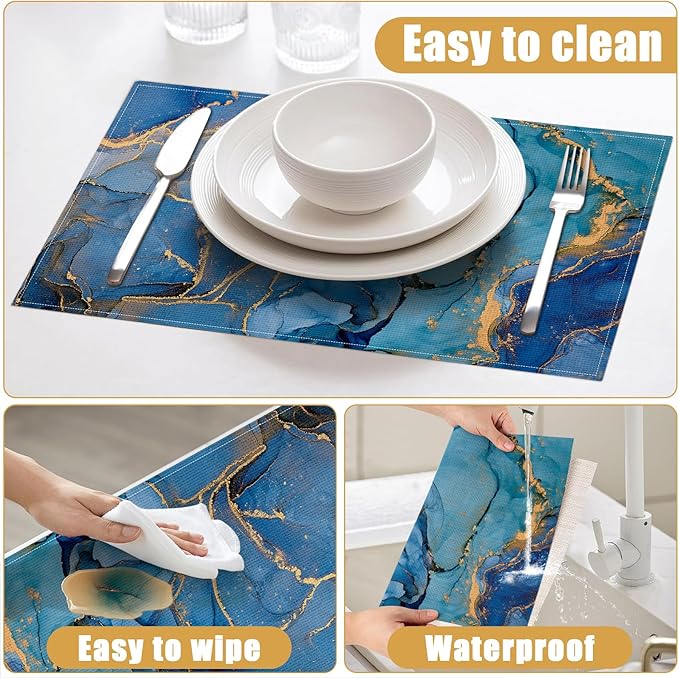 Blue Gold Marble Placemats Set of 6, Linen Place Mat Washable Stain Resistant Table Mats for Farmhouse Kitchen Dining Party Wedding Decor 12x18 Inch